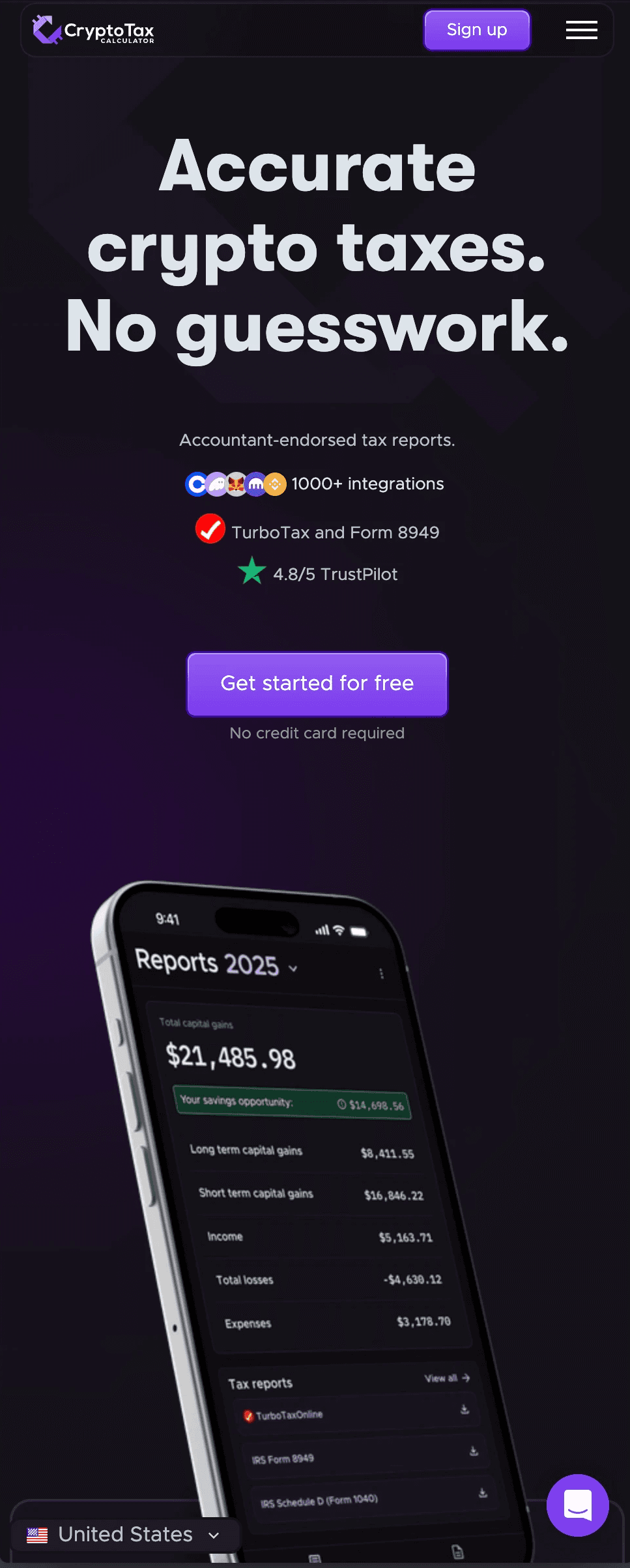 Crypto Tax Calculator marketing site landing page on mobile