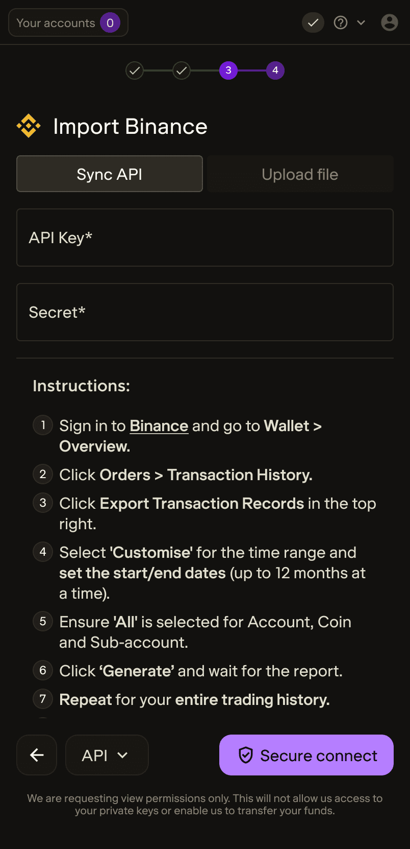 Import Binance screen with API key, secret, and step-by-step sync instructions