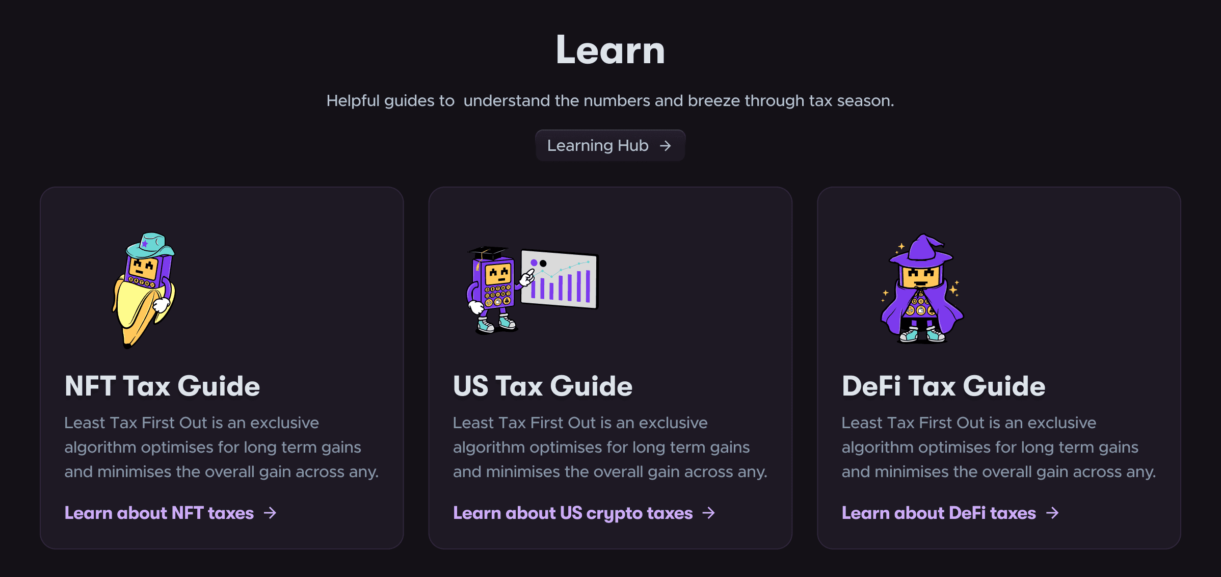 Learn hub section with NFT, US and DeFi tax guides