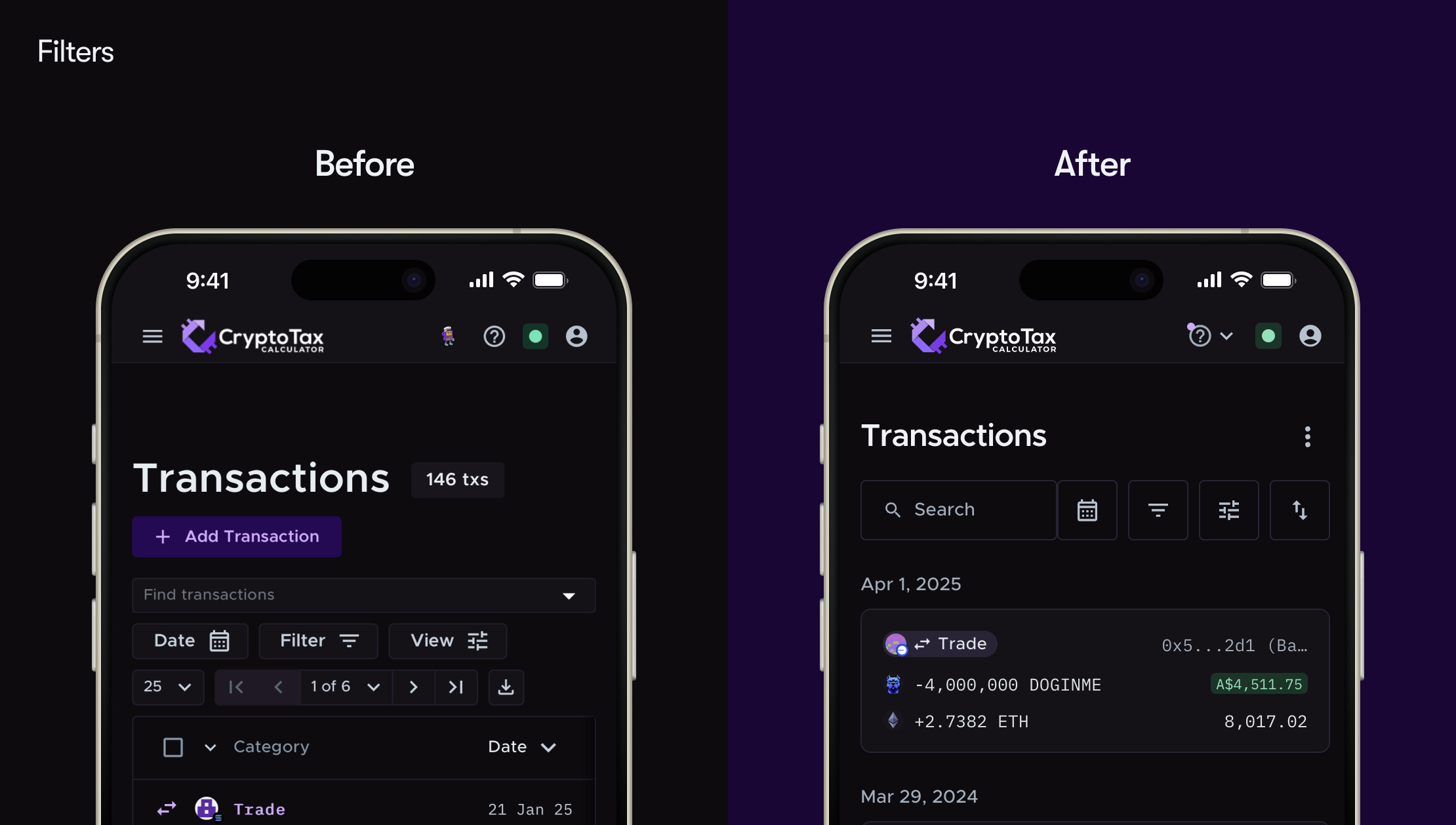Filters before and after. Before: pagination, chips, and view controls stacked above the list. After: search and icon buttons, with filters moved into a sheet.