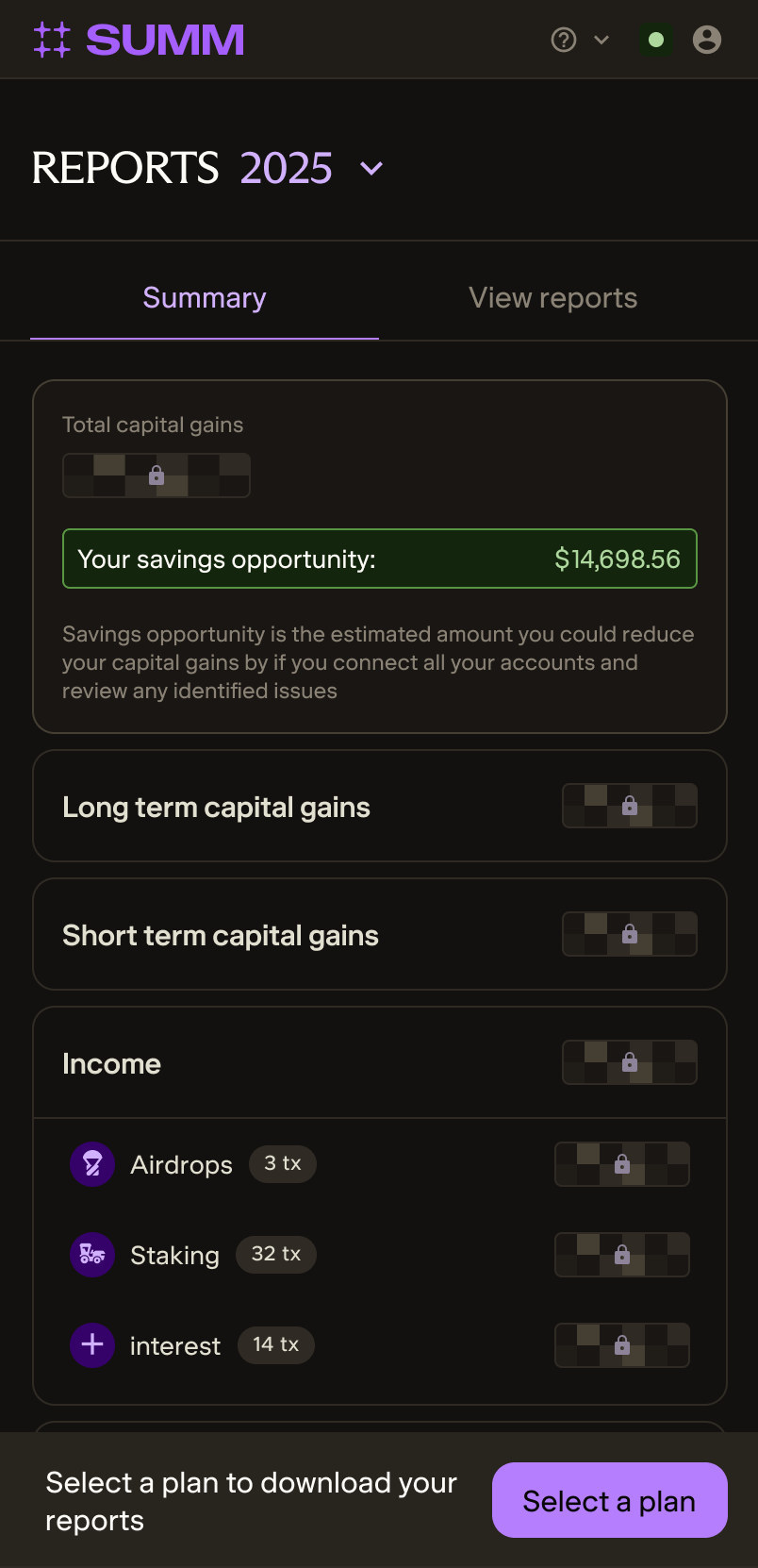 Free-user reports summary with the headline capital gains locked, an explained savings opportunity of $14,698.56, and a Select a plan button at the bottom