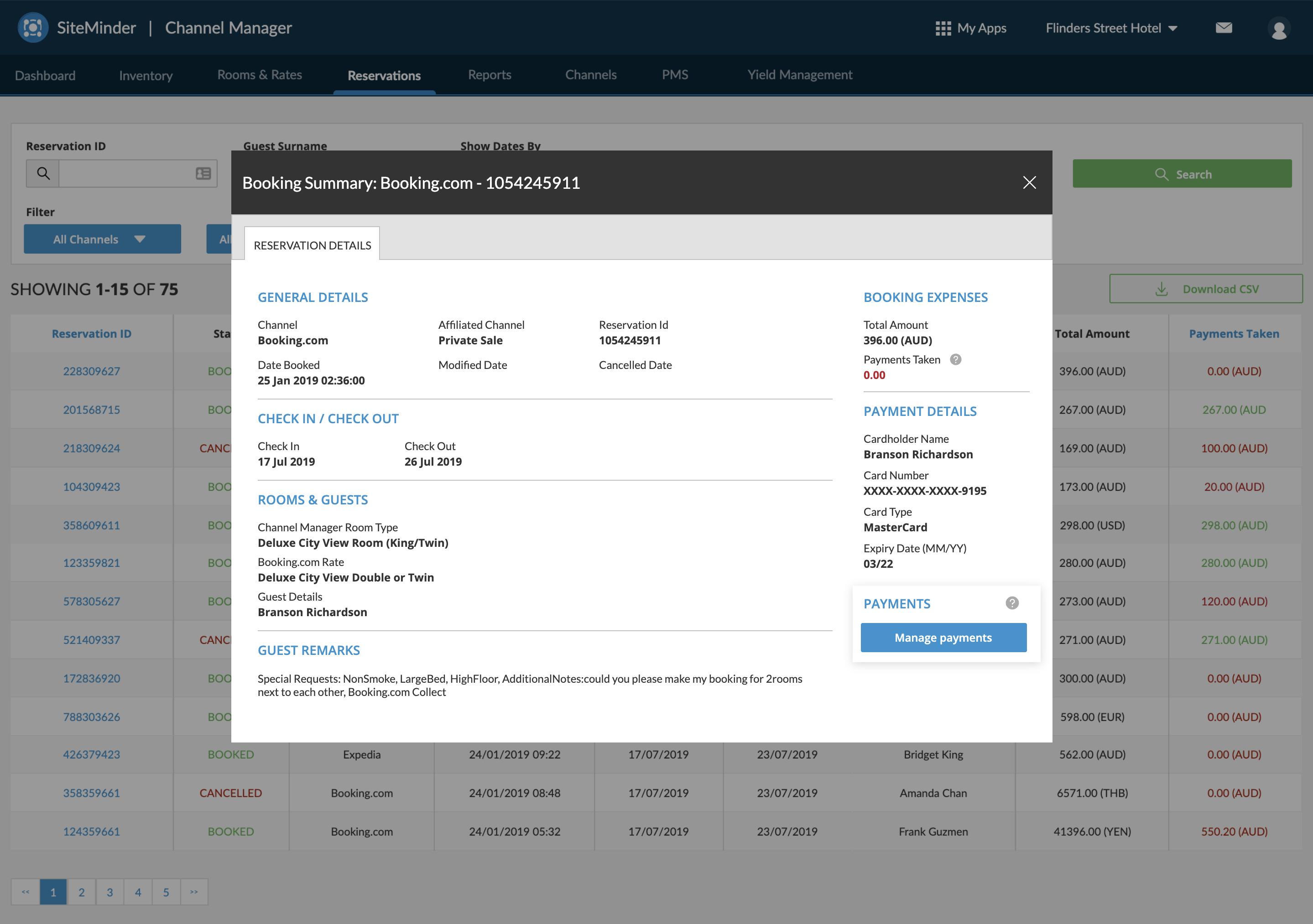 Booking summary modal with a Payments module and Manage payments action