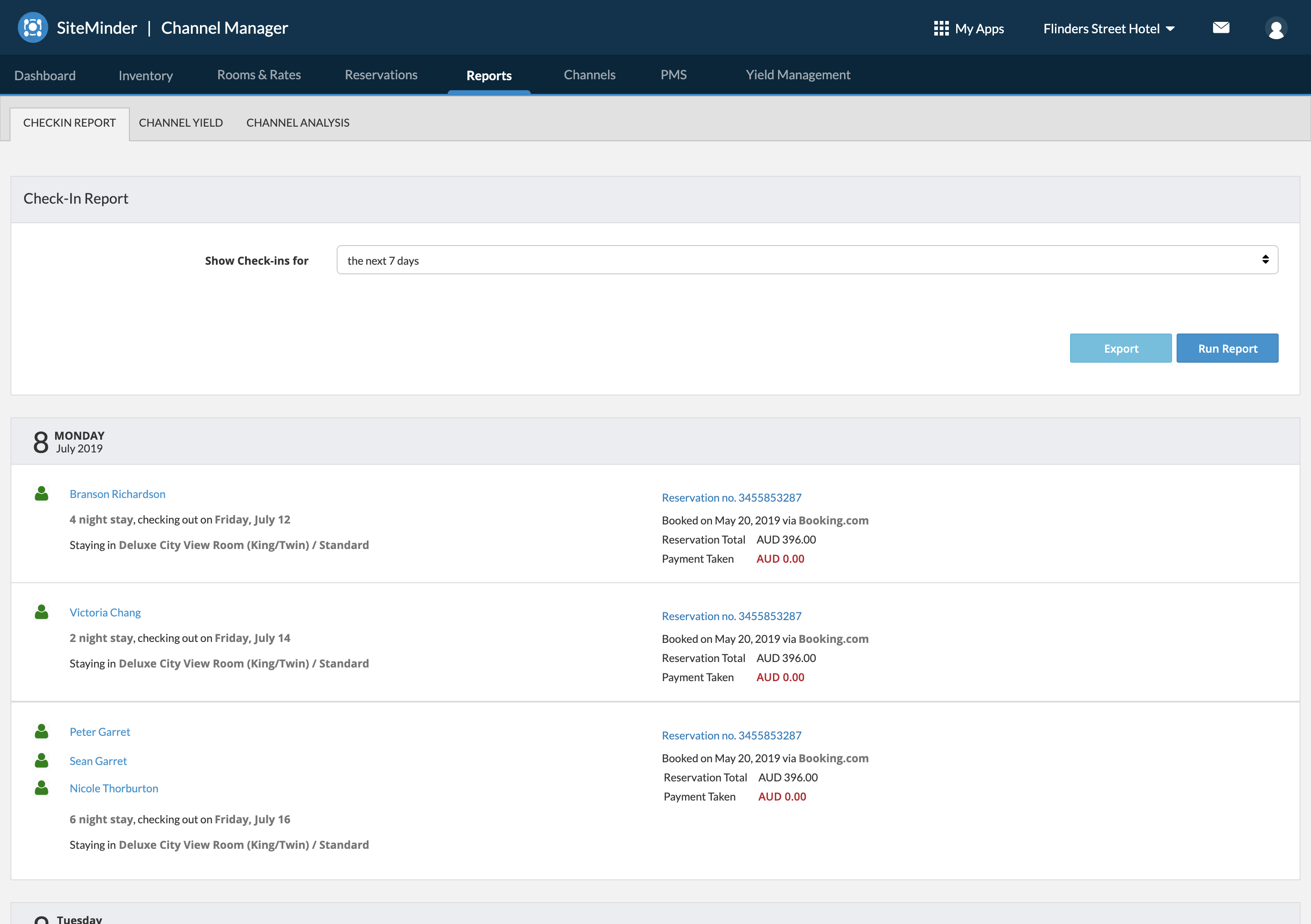Check-in report listing upcoming arrivals with payment taken shown as unpaid