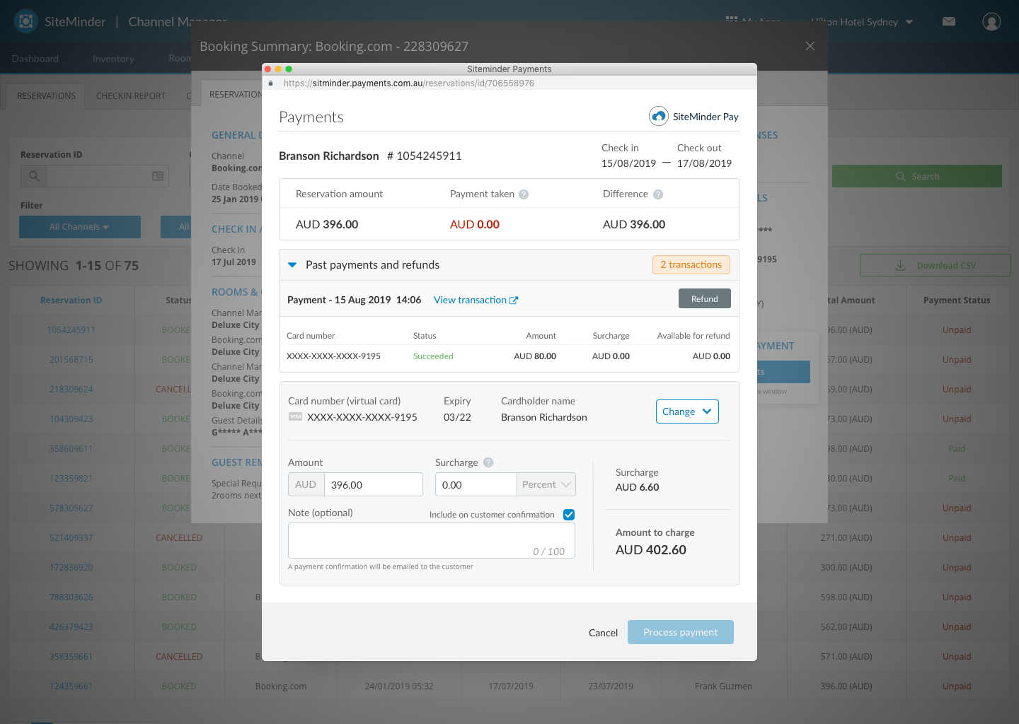 Payments overlay showing a succeeded past payment with a refund action