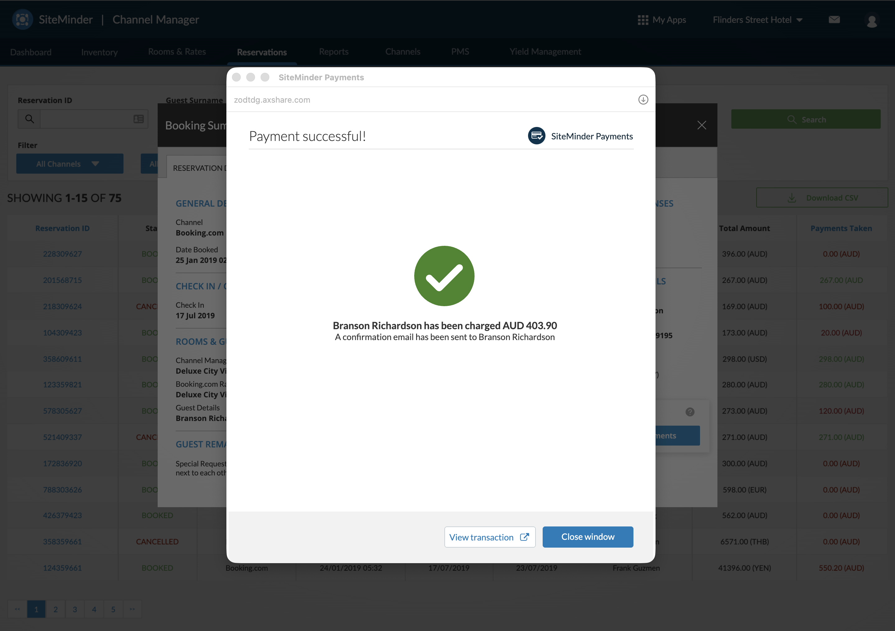 Payment successful overlay confirming the guest has been charged and a confirmation email sent