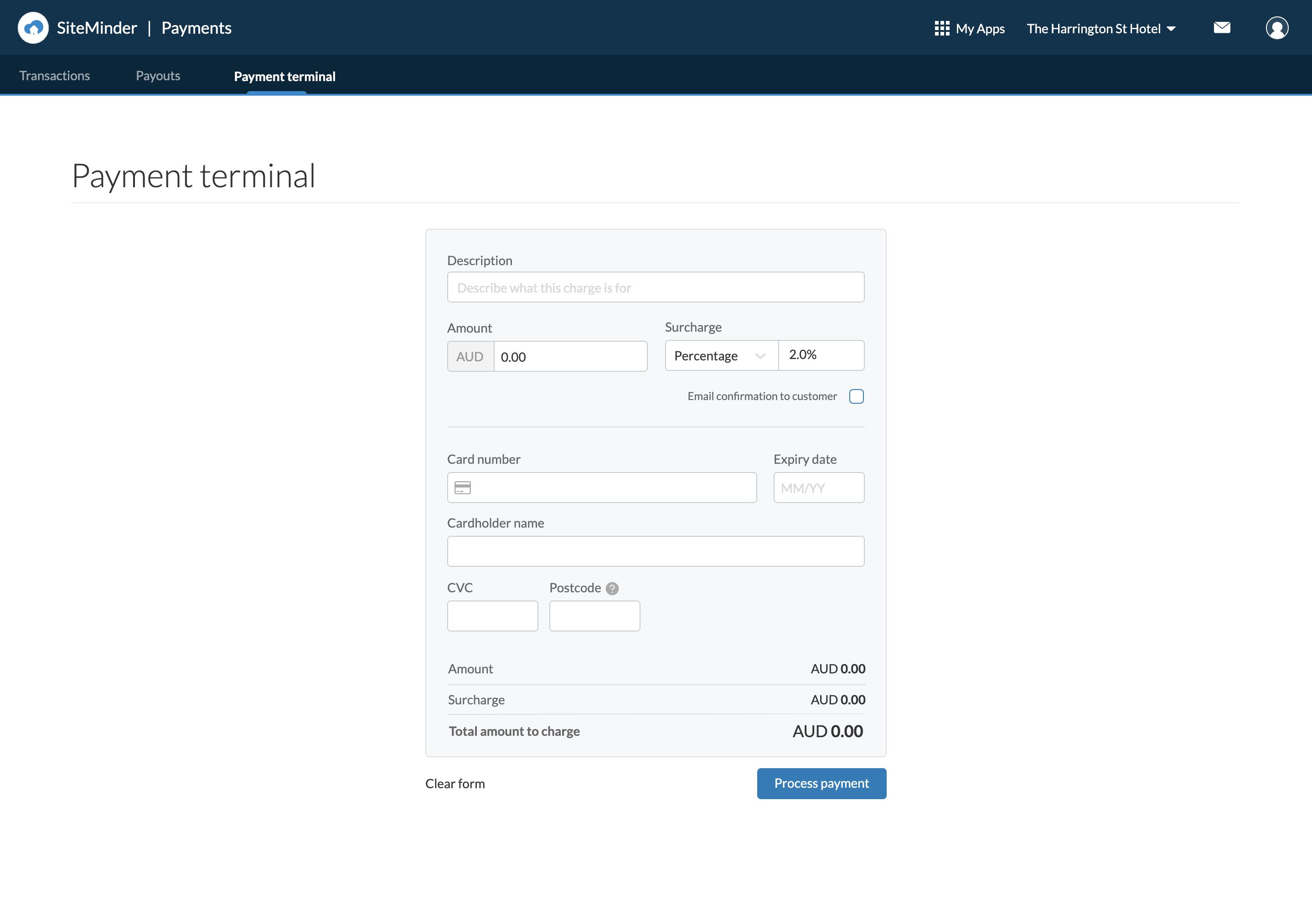 SiteMinder Payments terminal for taking a standalone charge