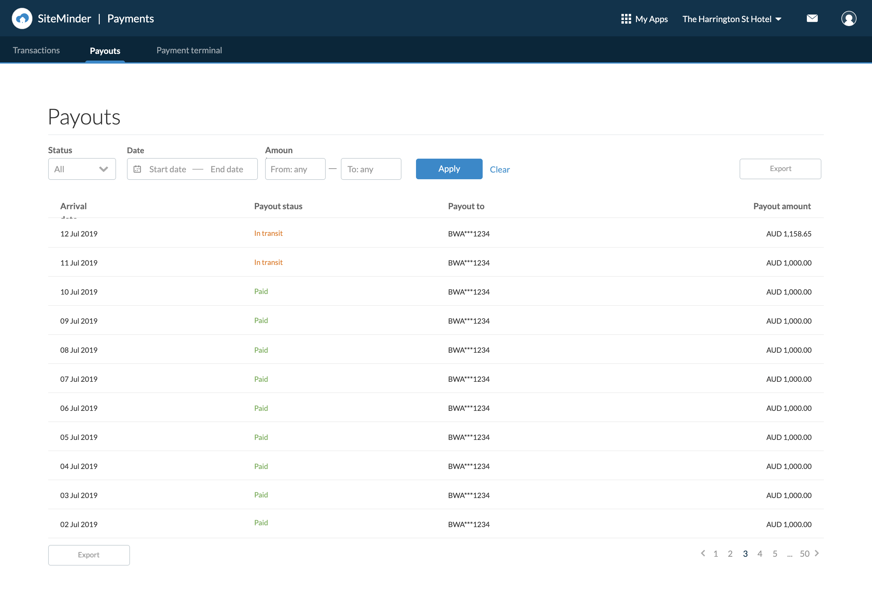 Payouts list filtered by status and date, showing in-transit and paid rows
