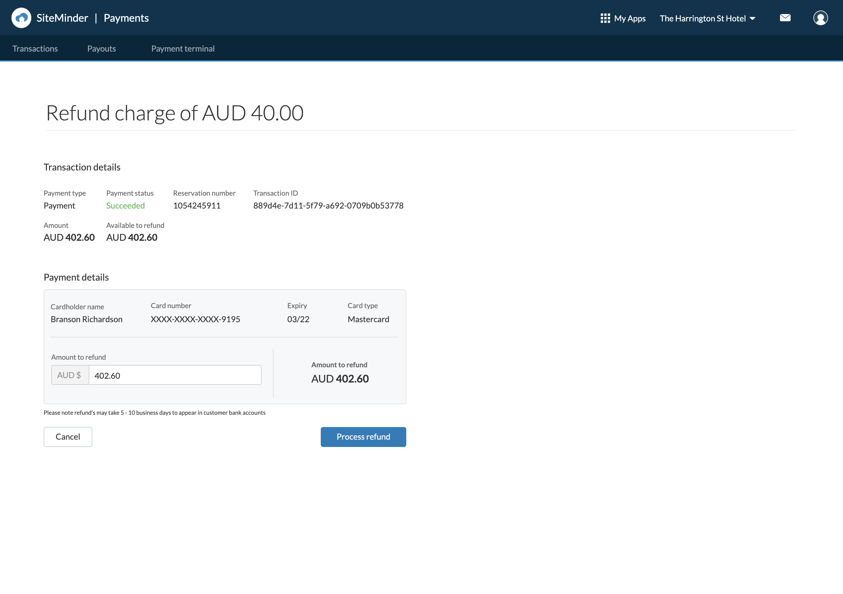 Refund form showing transaction details, card details, and amount to refund