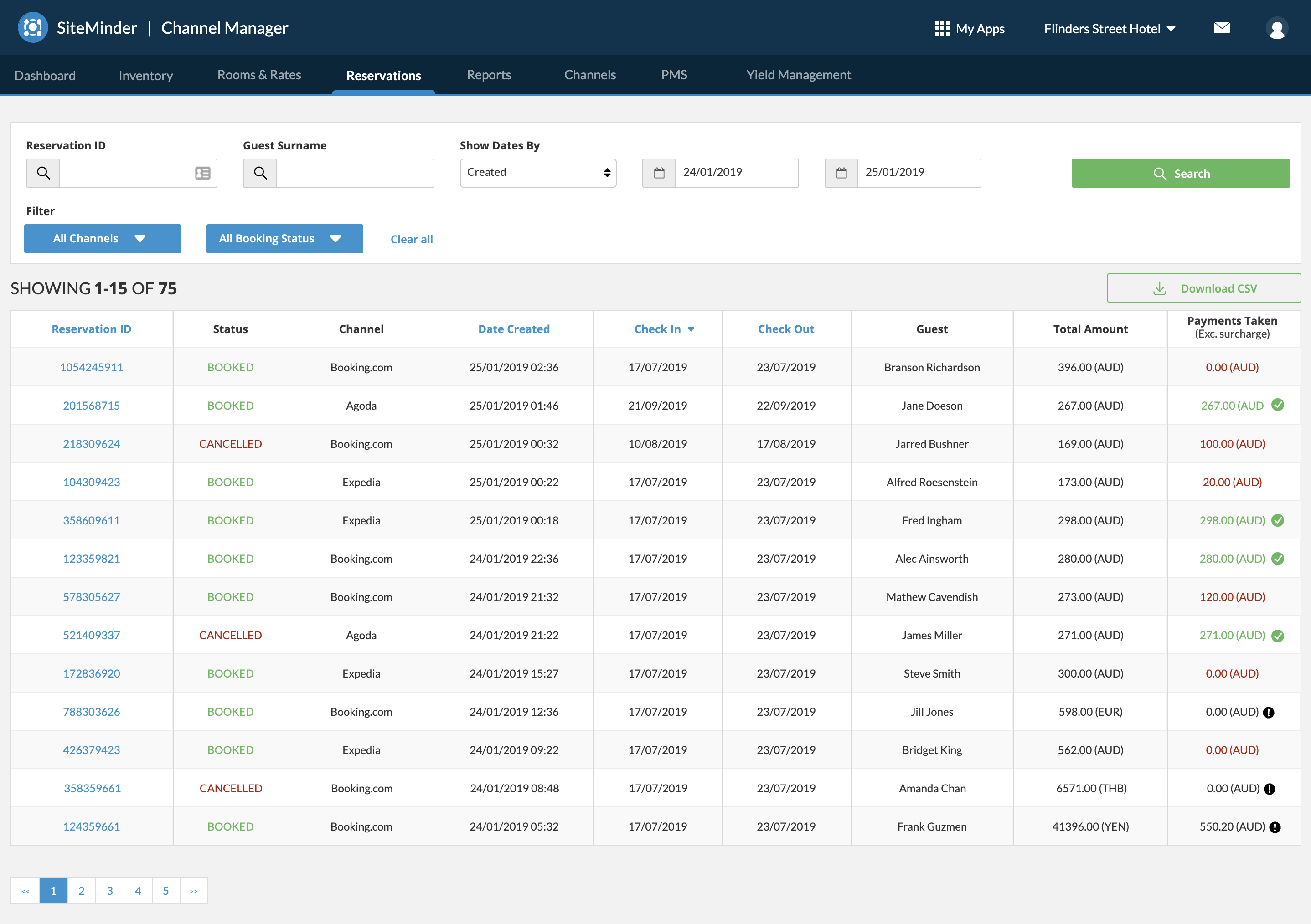 Channel Manager reservation list with a Payments Taken column showing paid, unpaid, and partial amounts