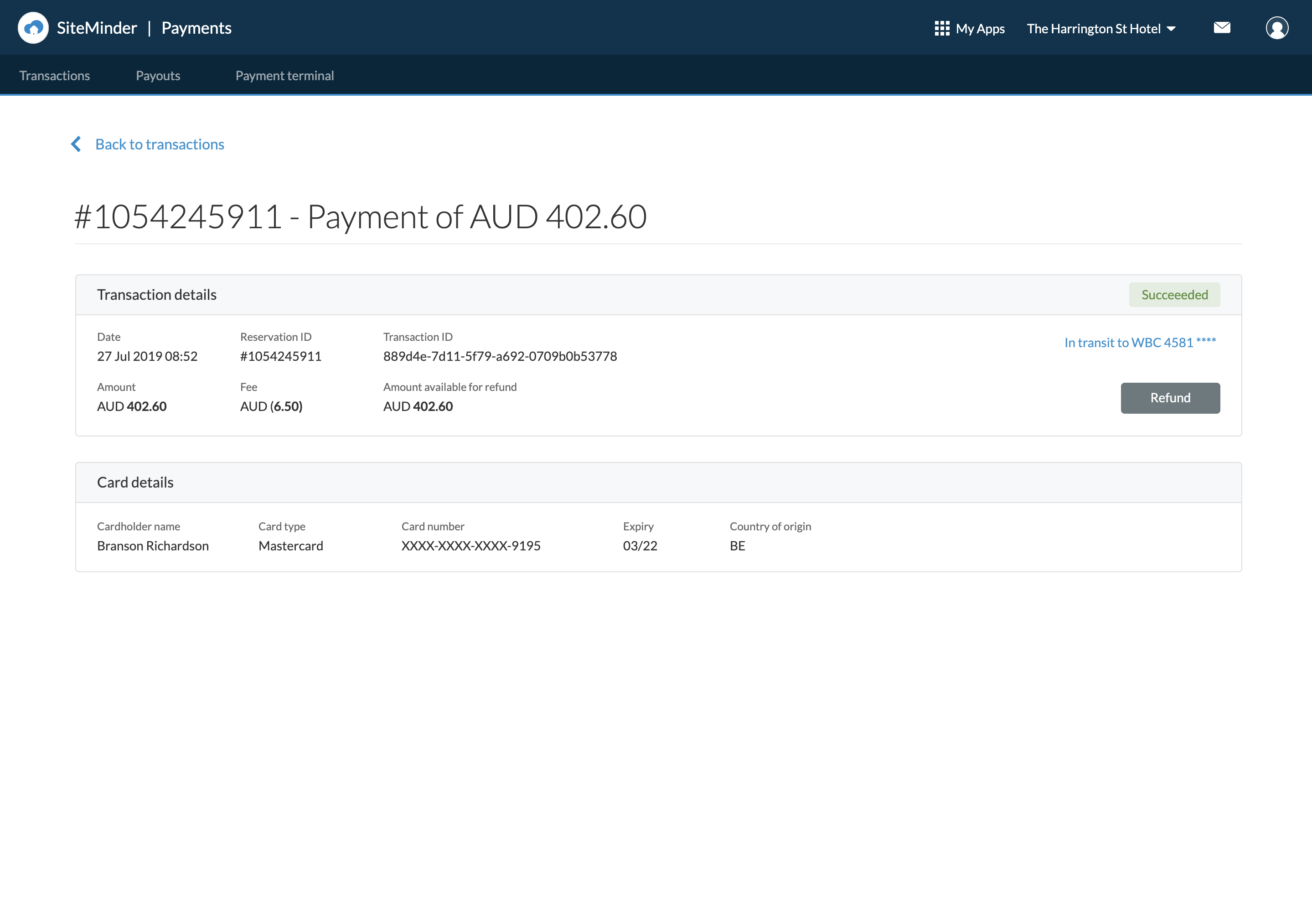 Transaction details for a succeeded payment, with refund and in-transit payout status